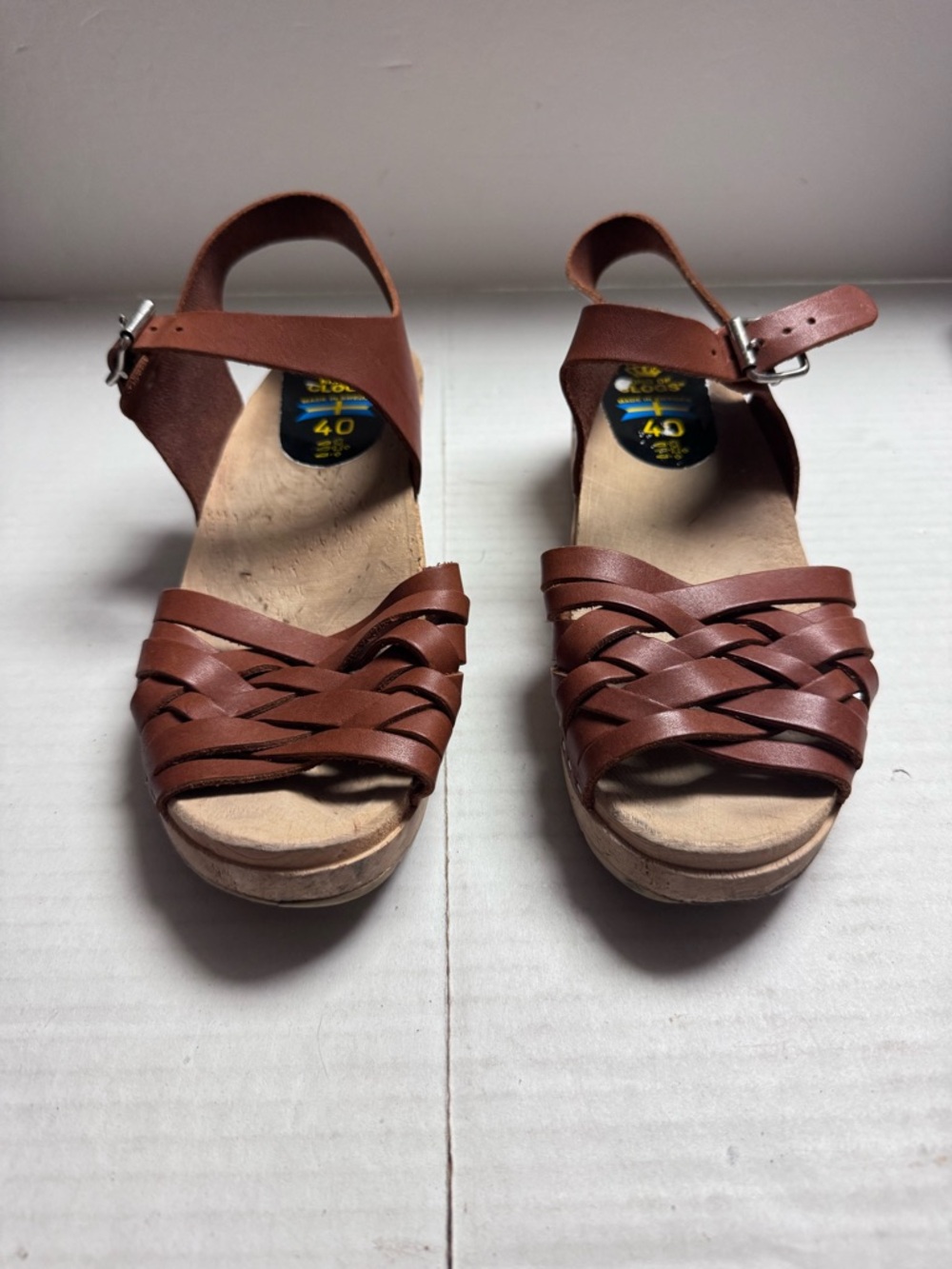 Torpatoffeln Wooden Clogs Leather Uppers Open Toe 40 (US. 9.5) Made In Sweden